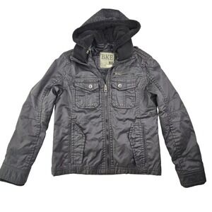 BKE Mens Slim Fit Utility Jacket Black Coated Cotton Detachable Hood Small 45836